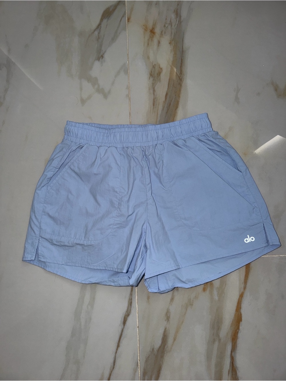 ALO Yoga alumni Seashell Blue Elastic Waist Drawstring Athletic Shorts - Picture 2 of 6